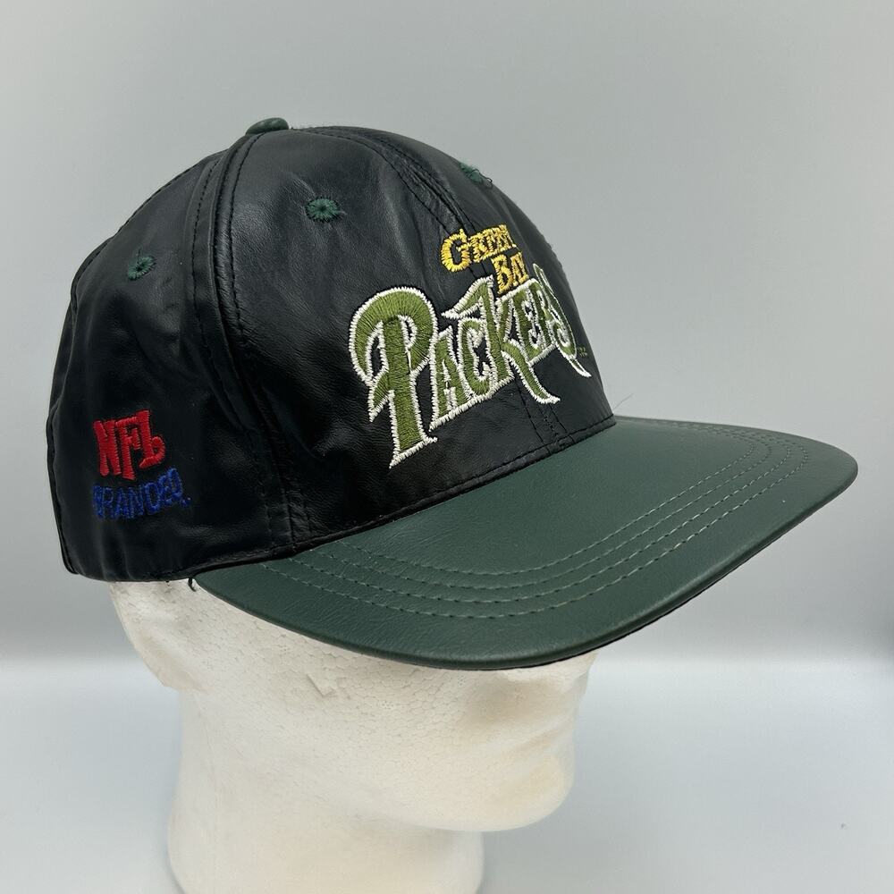 Vintage Green Bay Packers Leather Snapback Hat Cap Black Green USA Made NFL VTG